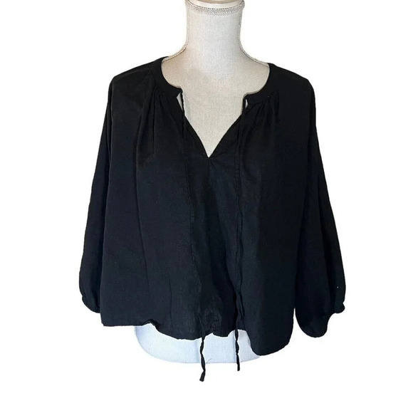 A New Day Black Linen Blend Blouse Large V Neck Peasant Relaxed Neutral Top Thin - Picture 1 of 4